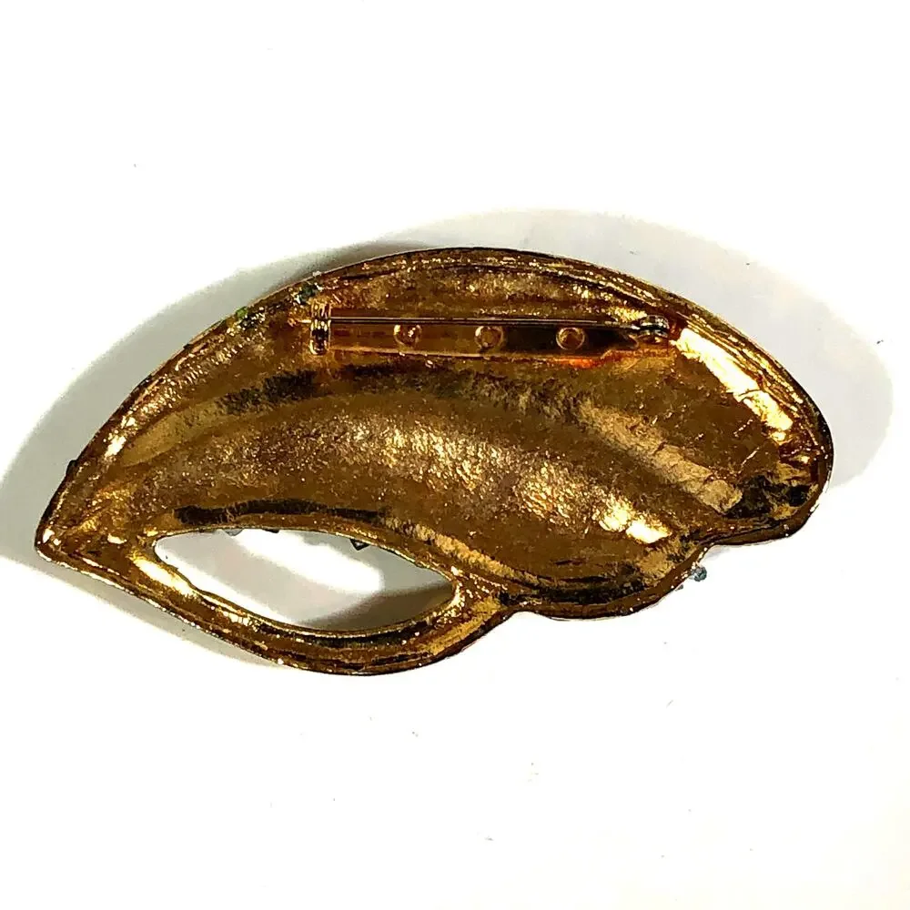 Green Glass Glitter Brooch Gold Tone Large Statement Vintage Retro Sparkle